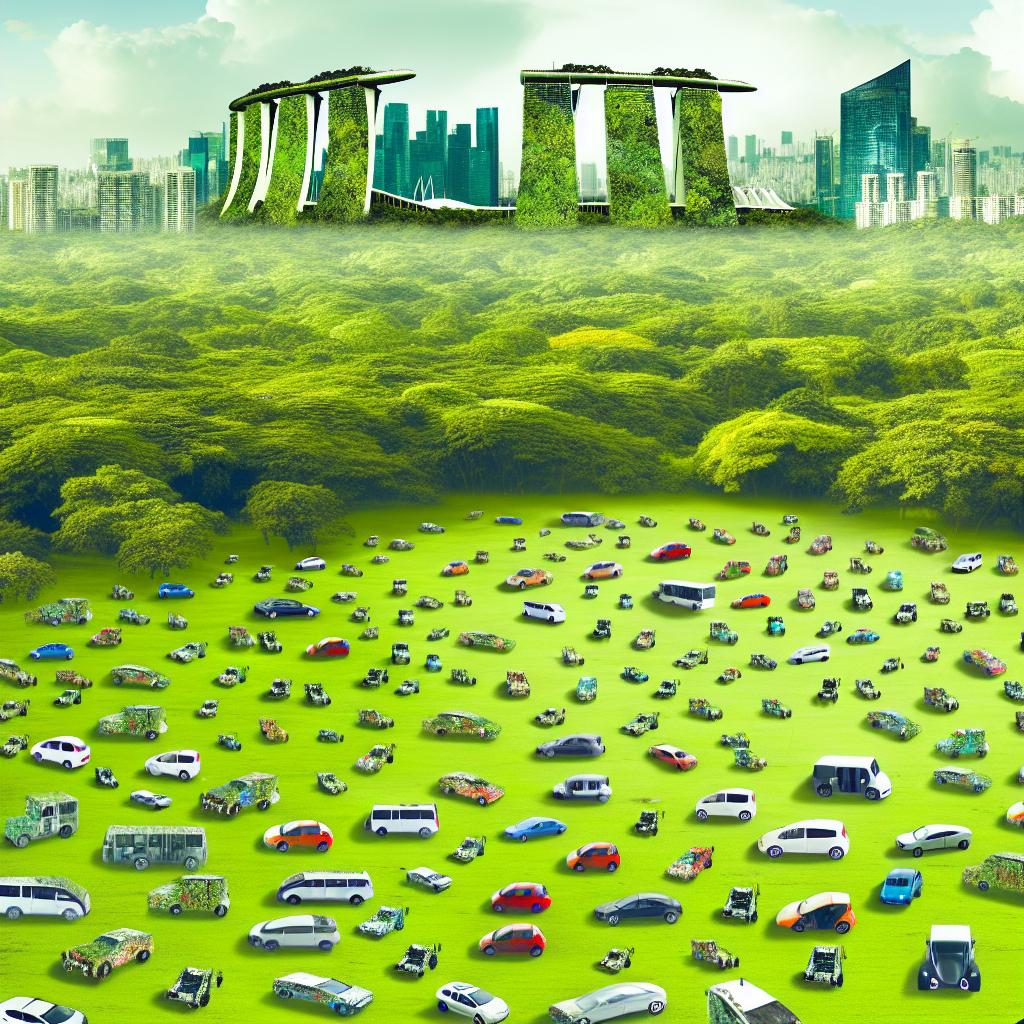 A lush green field with a variety of different types of vehicles scattered throughout, some traditional and others more environmentally friendly. The backdrop shows a city skyline with a mix of buildings and green spaces.